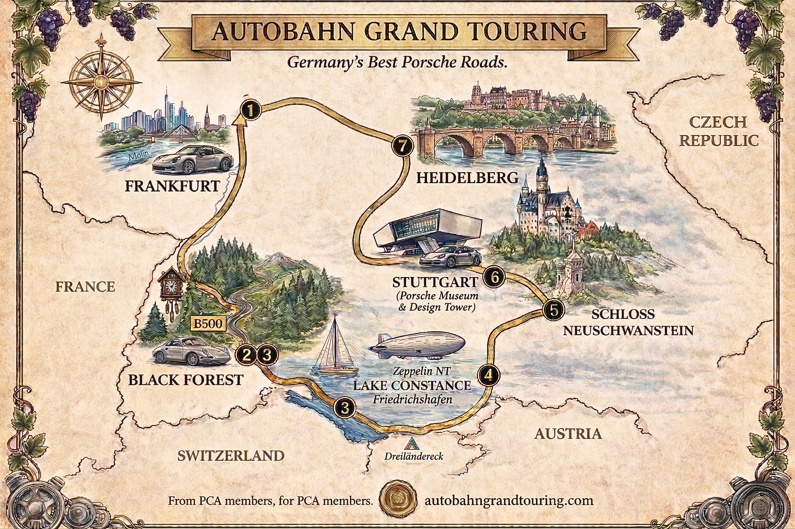 Illustrated route map showing the Autobahn Grand Touring route from Frankfurt through the Black Forest, Lake Constance, Neuschwanstein Castle, Stuttgart, and Heidelberg